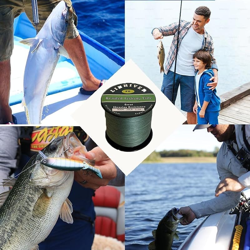 Linhiver Braided Fishing Line 4/8 Strands, 164/328/547/1093 Yds, 10-100 lb, Low Stretch Green (Dark Green+20LB-0.18mm-328YDS-4 Strands)