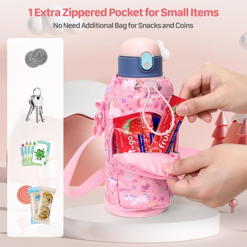BrainyBees Water Bottle Holder for Kids - Water Bottle Carrier with Zipper Pocket & Strap, Crossbody Sling Bag Fits 10-18 oz, Protective Sleeve for School Hiking, Pink Unicorn