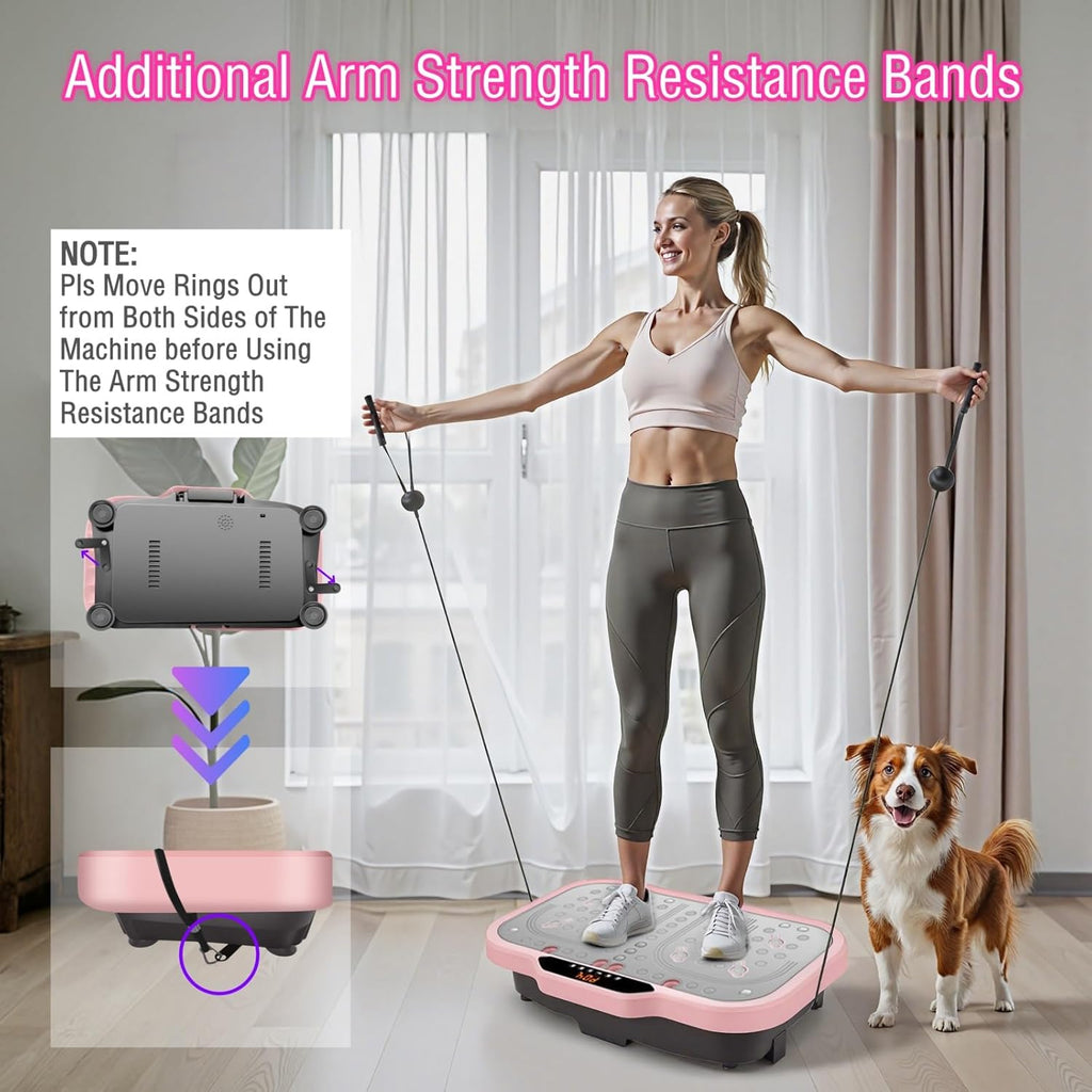 Skiennix Vibration Plate Exercise Machine - Whole Body Fitness Platform with Bluetooth & Resistance Bands | Pink