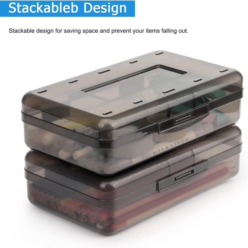 Tamaki Large Capacity Plastic Pencil Box - Clear Snap-Tight Lid & Stackable Design | Stylish Office Organizer, Black