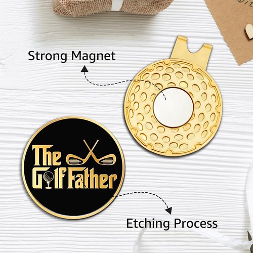 Hafhue The Golf Father Black Gold Golf Ball Marker with Magnetic Hat Clip, Funny Golf Accessories and Golf Gifts for Men Dad Grandpa, Birthday for Golf Fan Golfer Golf Lover (Pack of 2)