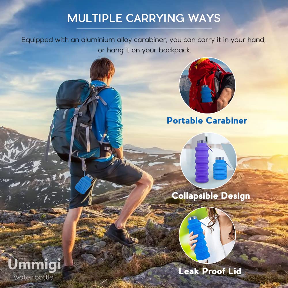 Ummigi Collapsible Water Bottles，17oz Large capacity Silicone Water Bottle with Carabiner，Reusable Foldable Lightweight Sports Water Bottle for Travel Gym Camping Hiking (Blue + Purple)