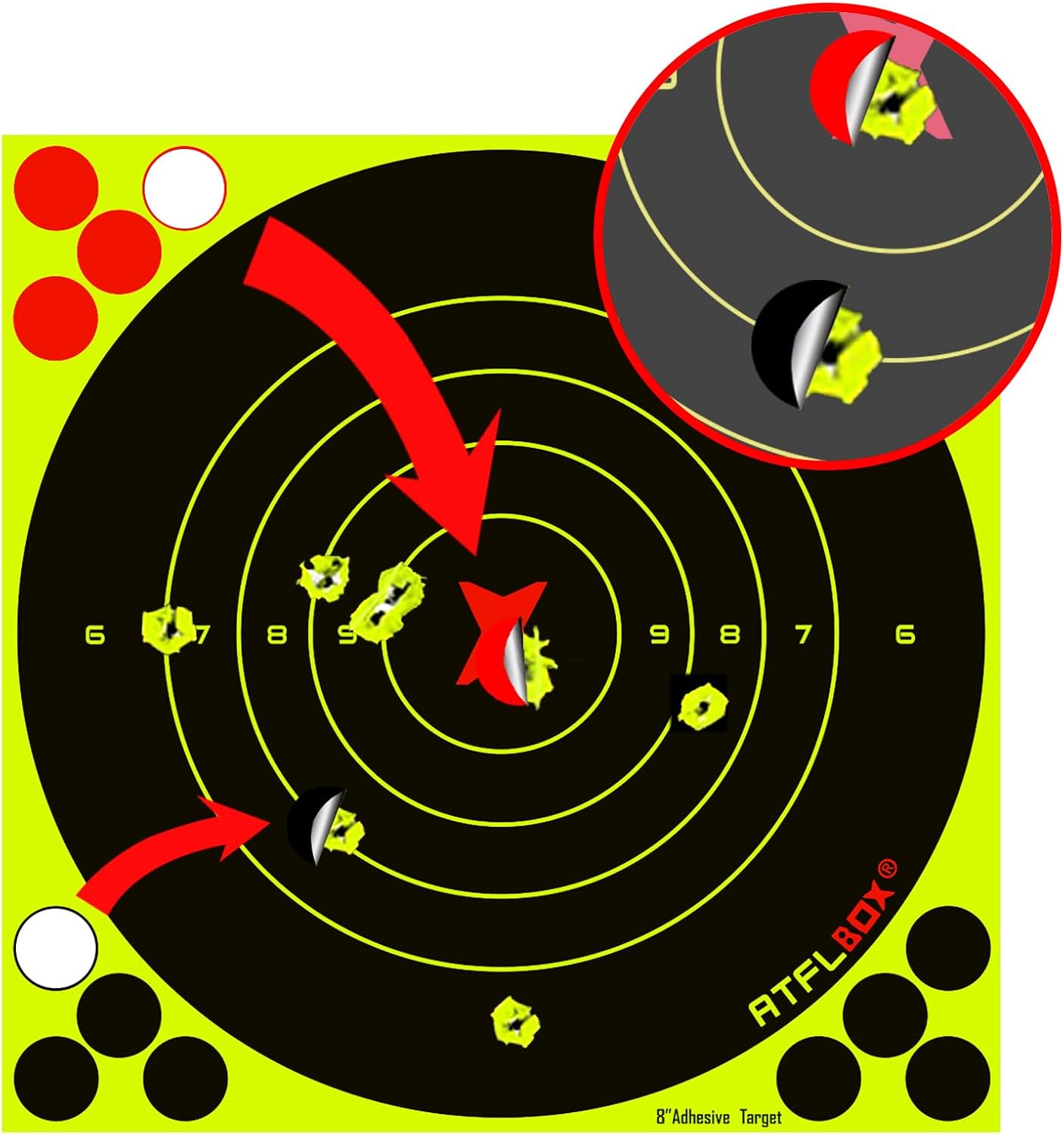 ATFLBOX 8-Inch Fluorescent Yellow Bullseye Shooting Target Stickers - Perfect for Indoor & Outdoor Ranges | Compatible with Handguns, Rifles, and Airsoft