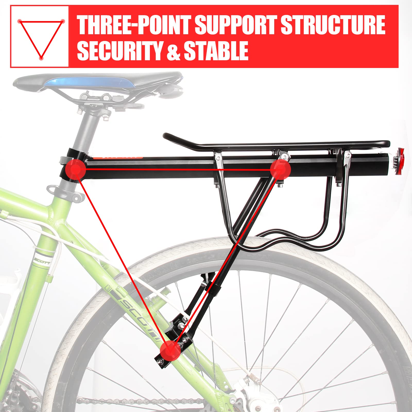 Rear Bike Rack, 110 lbs / 50KGS Bike Cargo Racks Frame Aluminum Alloy Universal Adjustable Cycling Equipment Stand Footstock Bicycle Luggage Carrier with Tools and Reflector for 26"-29" Frames