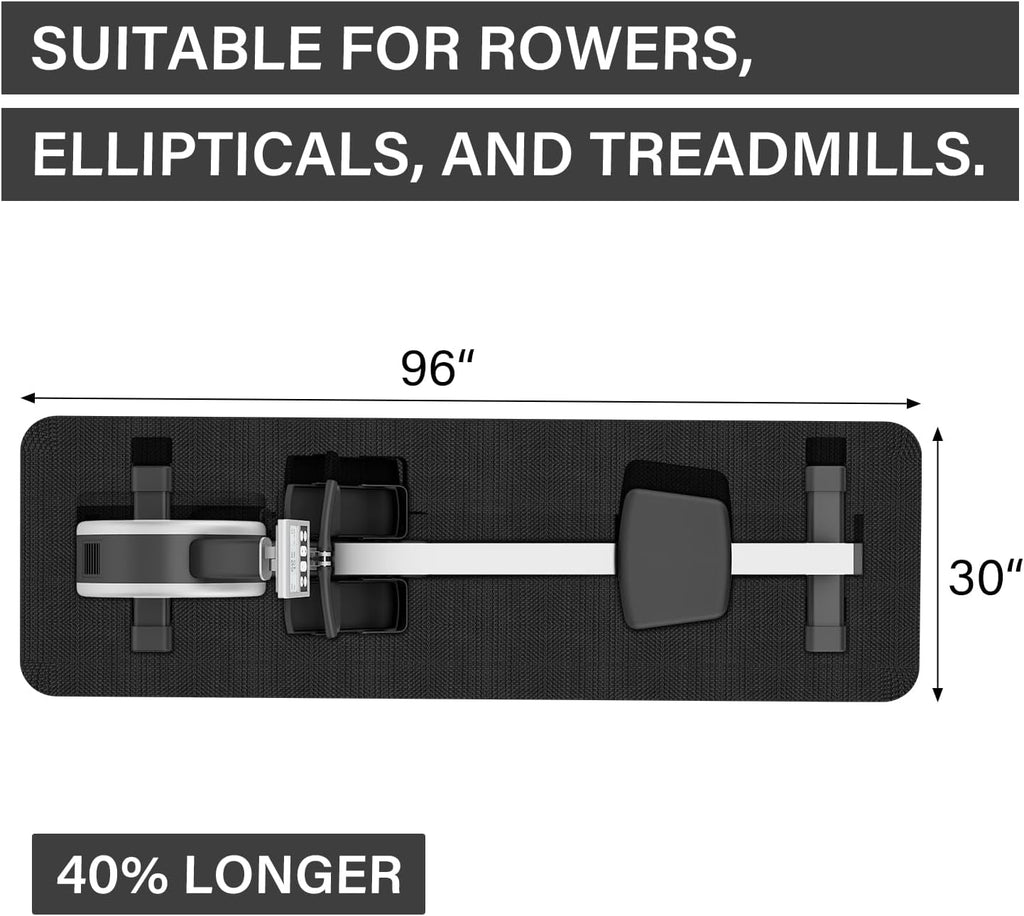 Rowing Machine Mat - 96" x 30" with Storage Bag & Sports Towel | Ideal for Carpet & Hardwood Floors