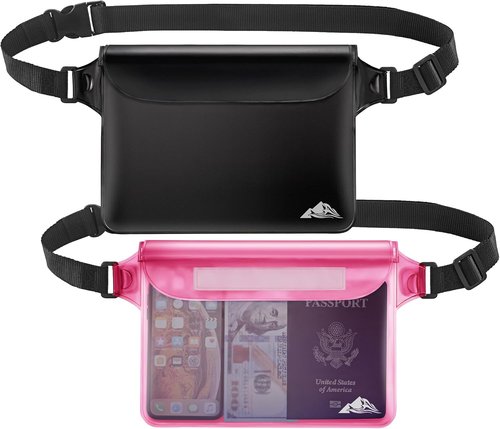 HEETA Waterproof Dry Bag - 5L Transparent Blue with 2-Pack Waterproof Pouches & Adjustable Waist Strap (Black & Pink)
