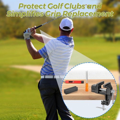 Lwuey Golf Grip Kit for Regripping Golf Clubs, Aluminum Vise Clamp Quick Release Shaft Removal Tool Include Retractable Hook Blade, 15 Tapes Strips, Grip Tape Remover, Bench Vise and Rubber Clamps