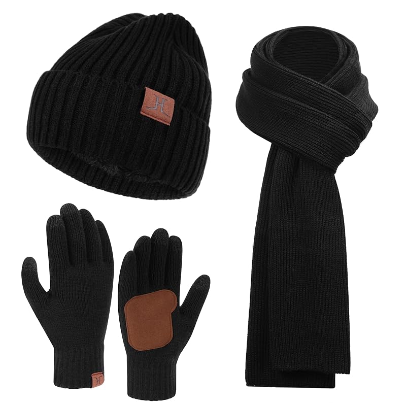 Mens Winter Beanie Hat and Scarf with Touchscreen Gloves Set - Black, One Size