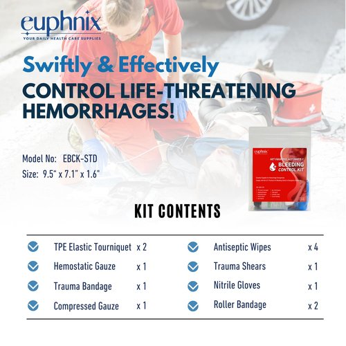 euphnix Bleeding Control Kit - Essential Supplies for Hemorrhage Emergencies | Quick Clot, Compact, Instant Access | Standard Pack 13 Pcs