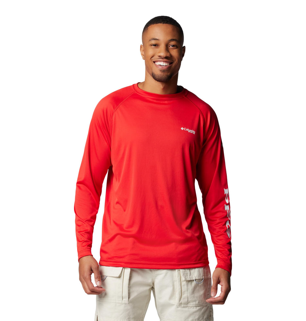Columbia Men's PFG Terminal Tackle Long Sleeve Fishing Shirt, Red Spark/White Logo, 6X