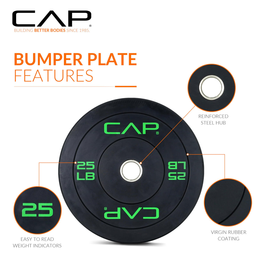 CAP 190 lb Economy Olympic Bumper Plate Set, 2-Inch Olympic Plates, Medium Bounce Rubber Weight Plates with Steel Hub for Weightlifting, Strength Training & Home Gym Workouts