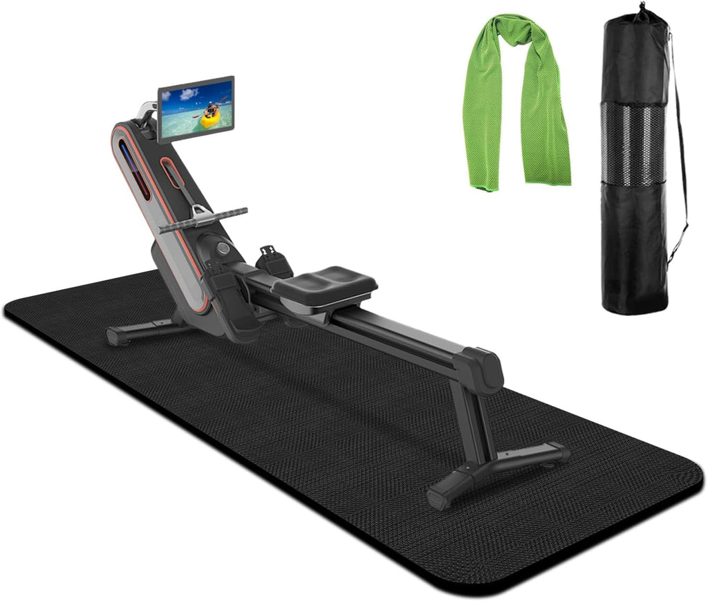Rowing Machine Mat - 96" x 30" with Storage Bag & Sports Towel | Ideal for Carpet & Hardwood Floors