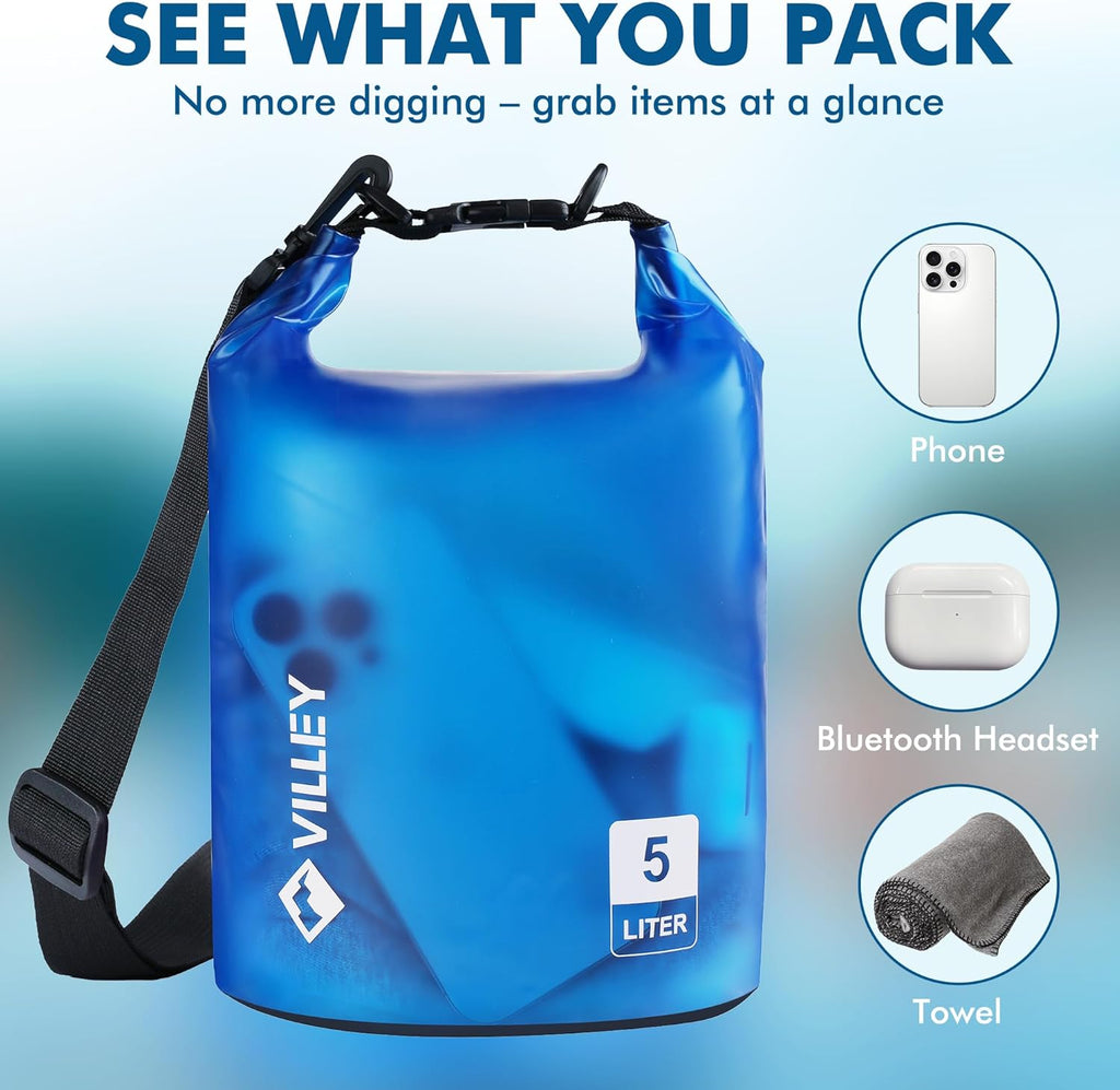VILLEY Waterproof Dry Bag - 5L Roll Top Storage Backpack for Kayaking, Camping & Beach - Blue Transparent