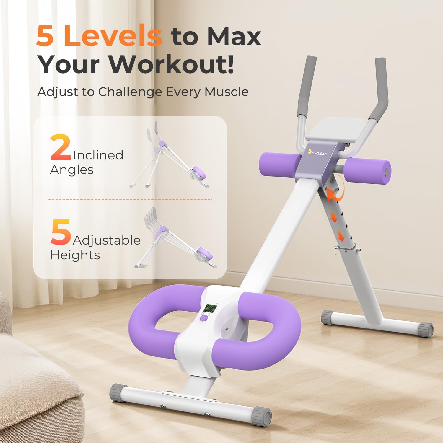 OWLSKY Ab Machine Adjustable Abdominal Trainer for Home Gym Workout, Foldable Knee Protection Abdominal Trainer for Abdominal Workout, Purple