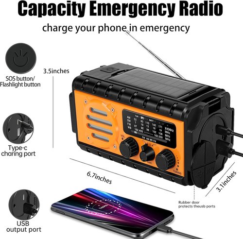 74000mWh Emergency Radio - NOAA Weather, Portable Hand Crank SW/AM/FM Survival Radio with Solar Battery & Flashlight