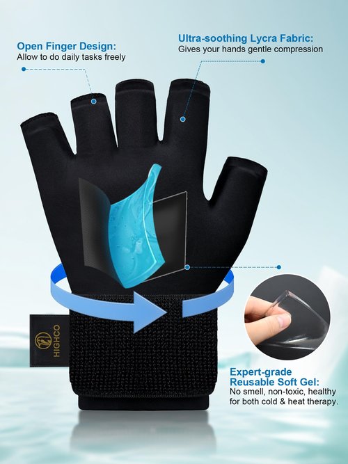 highco Compression Hand Ice Pack Glove for Arthritis Pain Relief,Adjustable Wrist Strap Ice Pack Wrap for Hand and Fingers,Cooling Ice Packs Glove for Women and Men,Tendonitis, Swelling,Black
