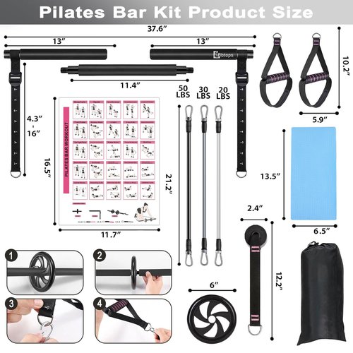 BBTOPS Pilates Bar Kit with Resistance Bands, Pilates Equipment Exercise Bar with Ab Roller for Abs Workout, Portable Home Gym Yoga Fitness Bar for Women & Men (Black)