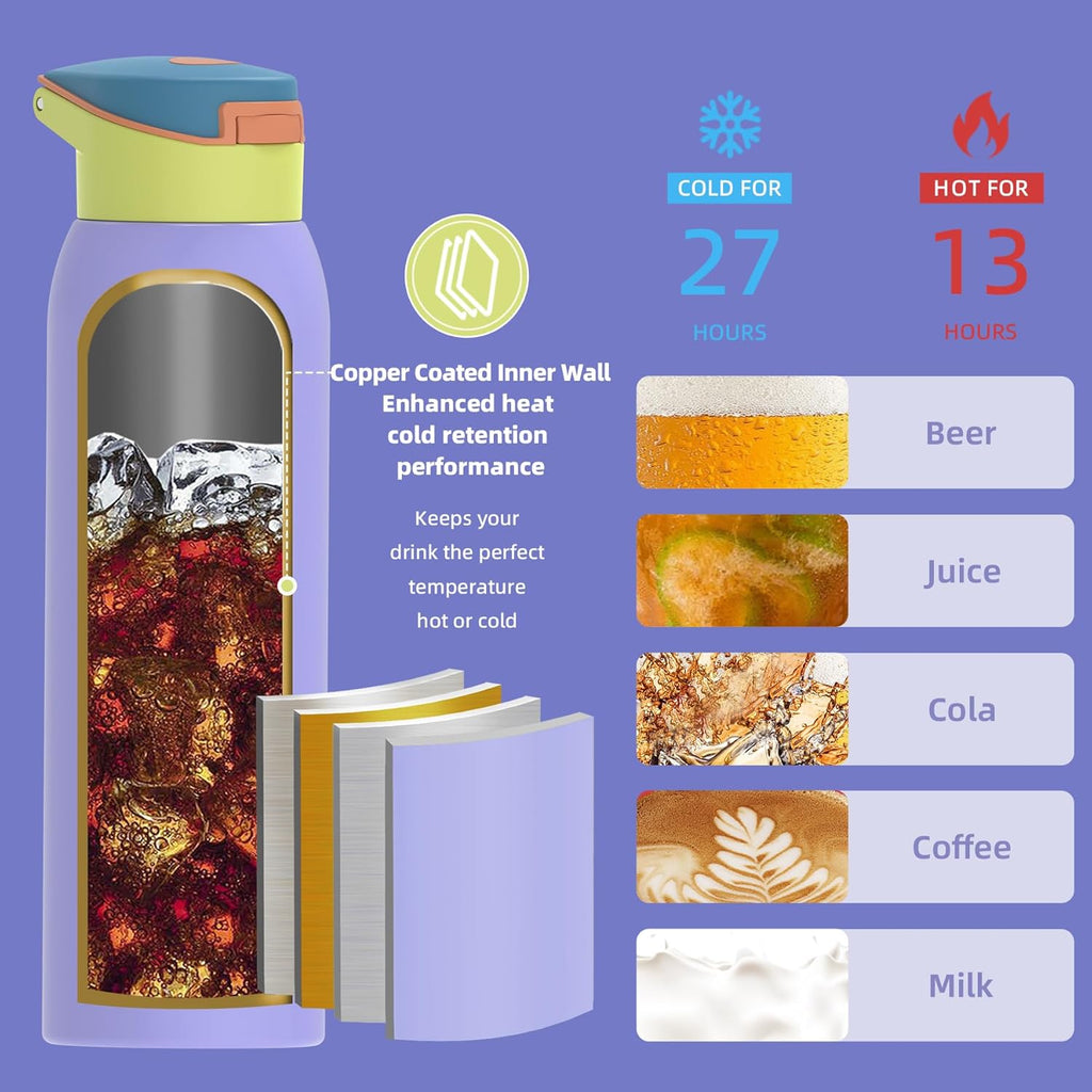 Saseum Water Bottle - 24 oz Double-Wall Insulated Stainless Steel | One-Click Open, BPA-Free