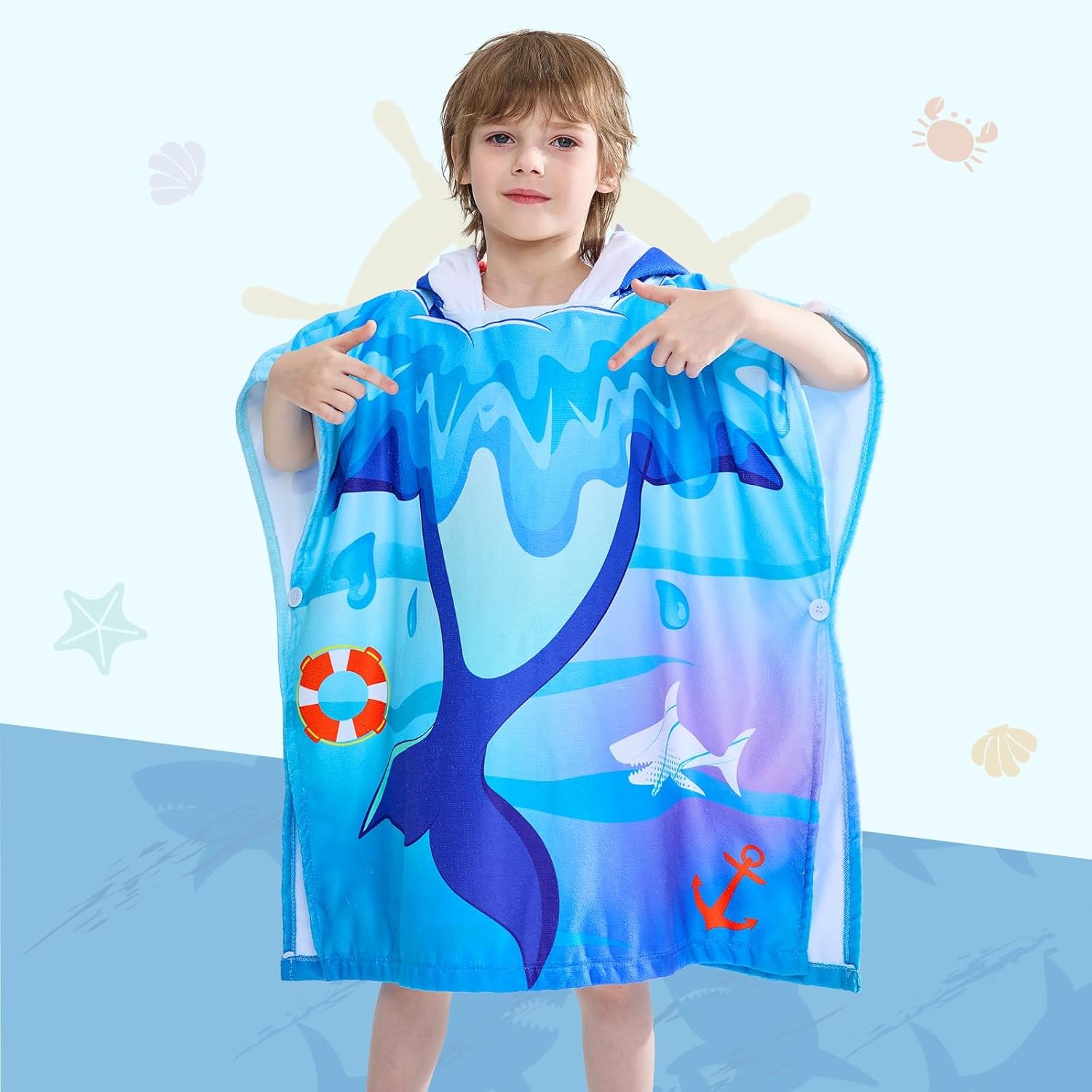 WERNNSAI Shark Kids Beach Towel - Hooded Towel Wrap 27"" x 27"" Kids Hooded Poncho Sand Free Beach Towel for Girls Bath Pool Quick Dry Soft Kids Bath Towel for Travel Shower Swim, Large