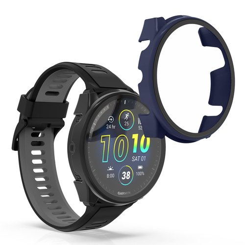 kwmobile Cover Compatible with Garmin Forerunner 965 Covers - 2X Tempered Glass with Plastic Frame - Black/Dark Blue