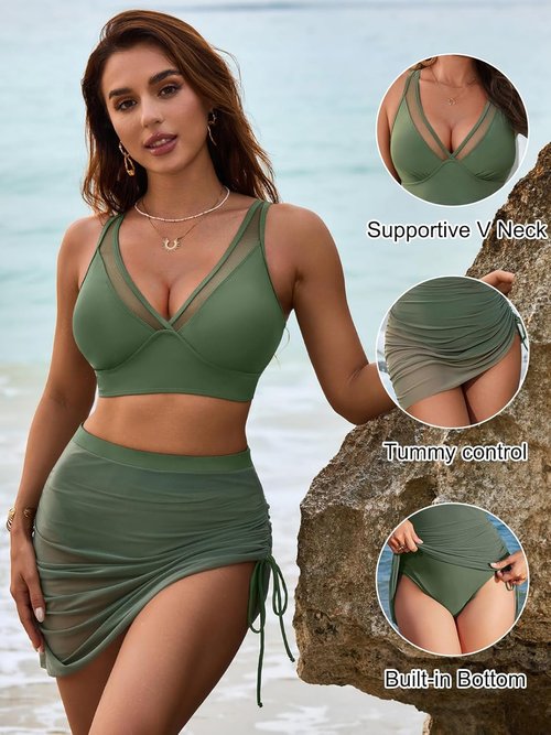 Blooming Jelly Women's High Waisted Swim Skirt Bikini Set - Tummy Control & Mesh Sarong Wrap