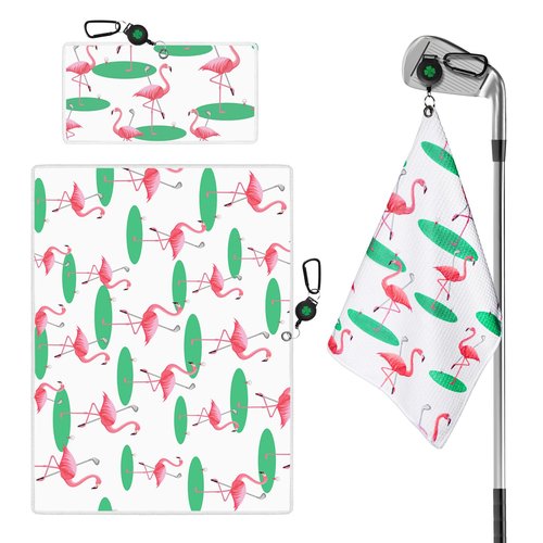 GKandi Golf Towels for Golf Bags Value 2 Pack 21"x16" and 12"x8" Set with Strong Magnetic Retractable Carabiner Microfiber Waffle Pattern Towel Lightweight Absorbent Gift for Women Ladies (Flamingo)