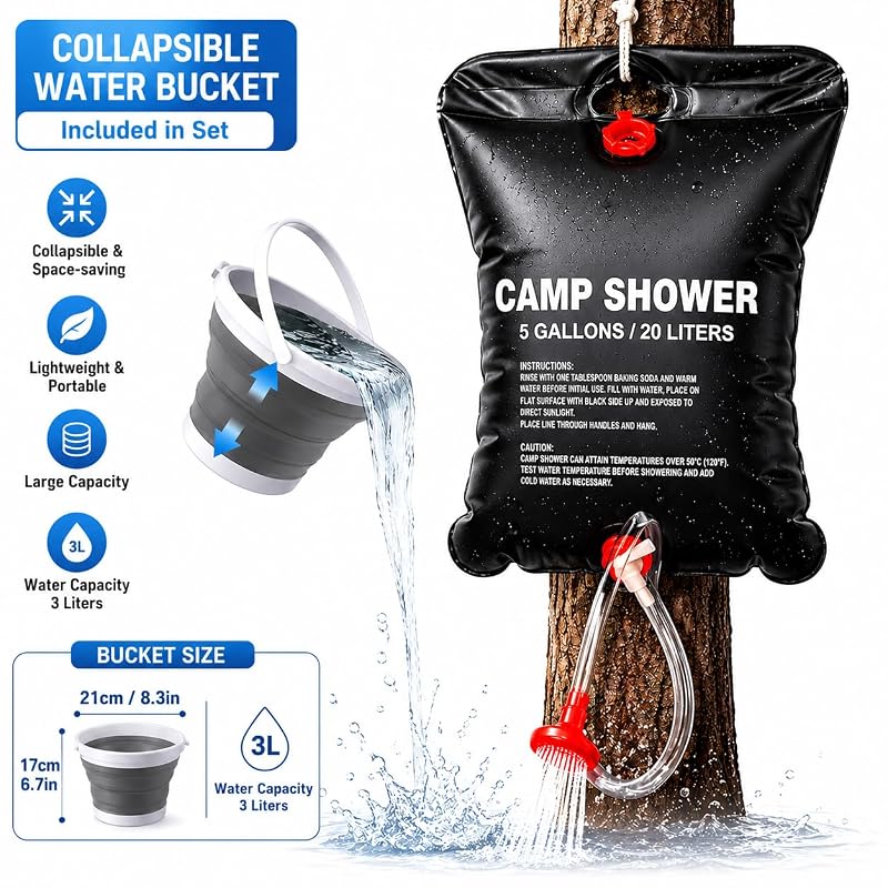 5 Gallon Portable Camping Shower Bag with Collapsible Water Bucket – Outdoor Shower Kit for Hiking, Beach & Travel
