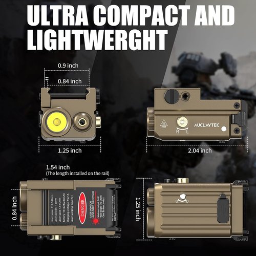 AUCLAYTEC Pistol Flashlight Red Laser Combo 420 Lumens Pistol Light Recharge Tatical Flashlight Fits for Picatinny MIL-STD-1913 Rail, Fits for Glock (with Built-in Battery)