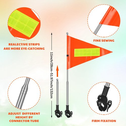 Hicarer 2 Set Reflective Golf Cart Flag Pole Kit Golf Cart Flag Holder Accessories Orange Safety Mount with Reflective Stripe Adjustable Height Flagpole Wheelchairs(Classic)
