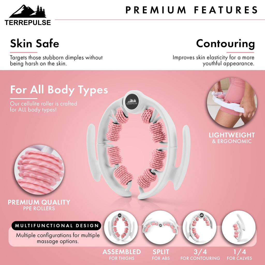Terrepulse Anti Cellulite Roller & Lymphatic Drainage Massager | Deep Tissue Fascia Blaster & Muscle Roller | Tool for Sore Arms, Legs, Shoulders, Stomach & Buttocks (Pink)