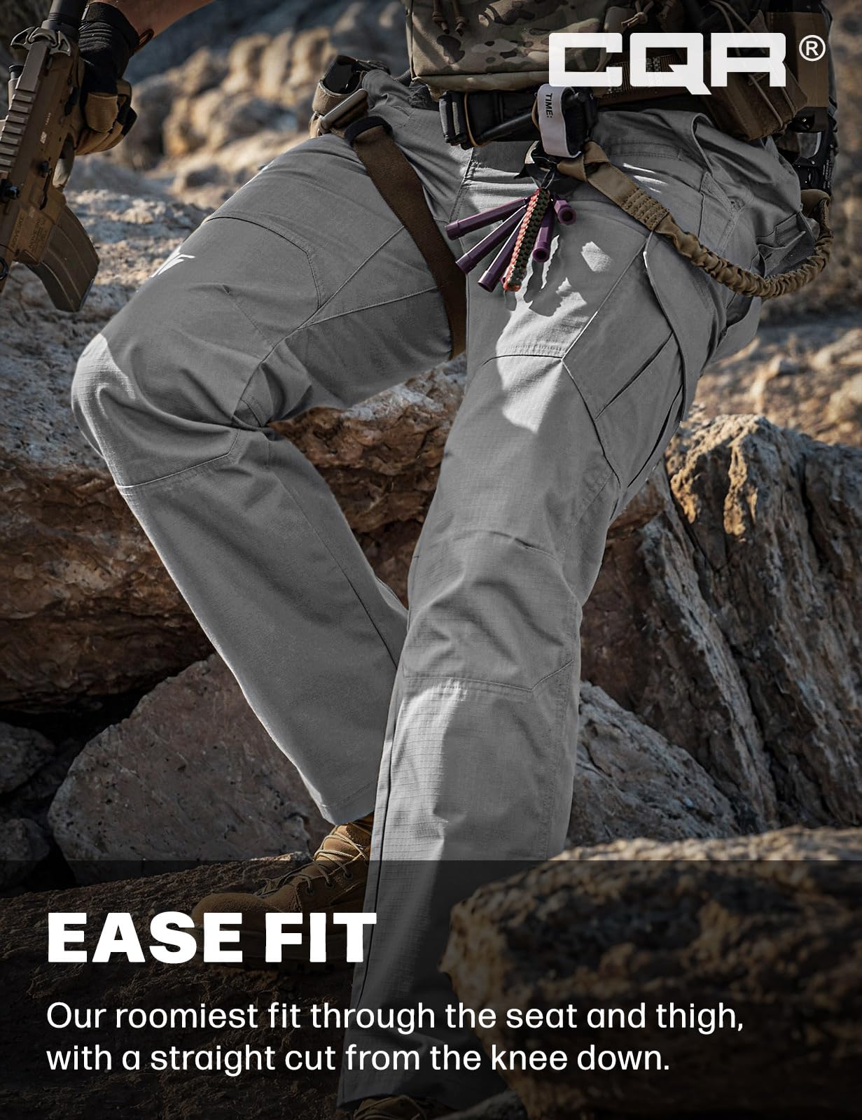 CQR Men's Tactical Pants, Water Resistant Ripstop Cargo Pants, Lightweight EDC Work Hiking Pants, Outdoor Apparel, Raider Stone, 44W x 32L