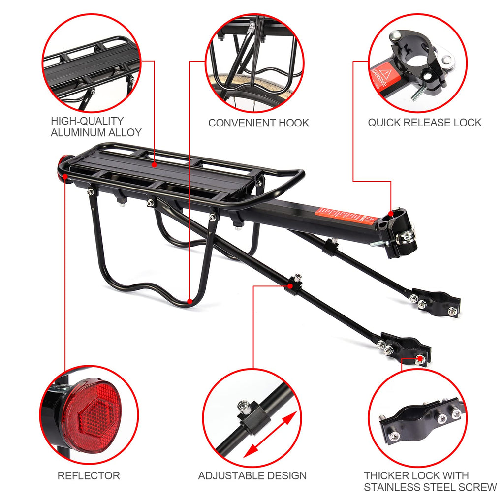 Rear Bike Rack, 110 lbs / 50KGS Bike Cargo Racks Frame Aluminum Alloy Universal Adjustable Cycling Equipment Stand Footstock Bicycle Luggage Carrier with Tools and Reflector for 26"-29" Frames