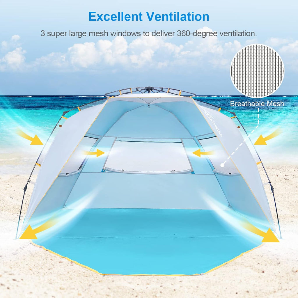WolfWise Beach Tent for 4-5 People - UPF 50+ Sun Protection, Portable & Windproof, Large Blue Canopy