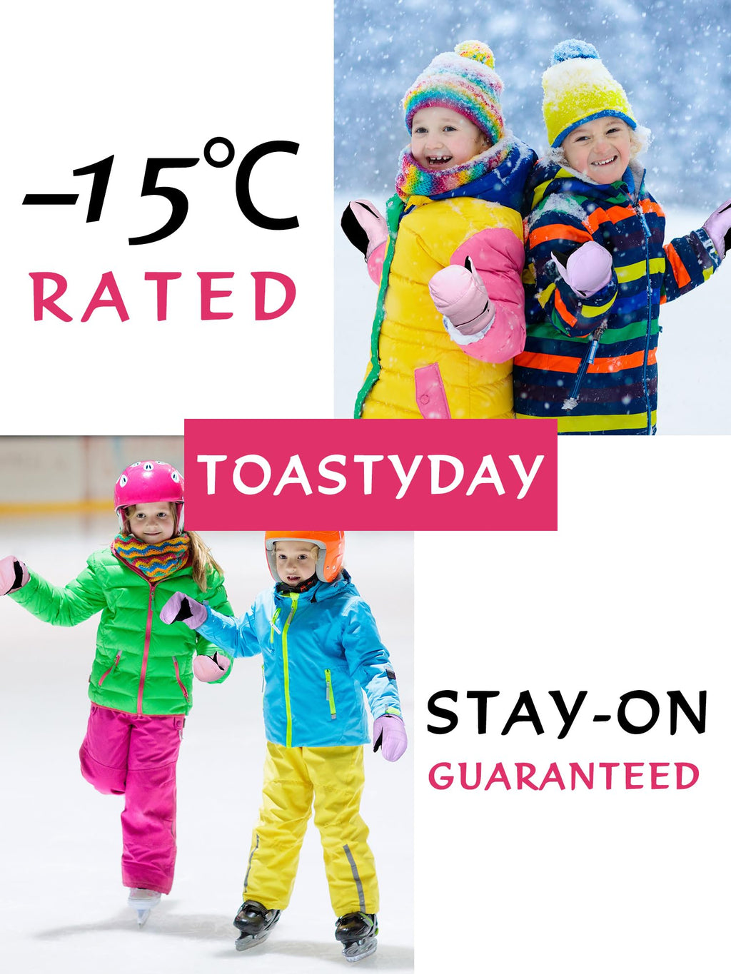 SATINIOR 2 Pairs Kids Snow Mittens Waterproof Winter Ski Gloves Warm Thicken Snow Gloves for Girls Boys (5-8 Years,Light Pink,Light Purple,2 Pairs)