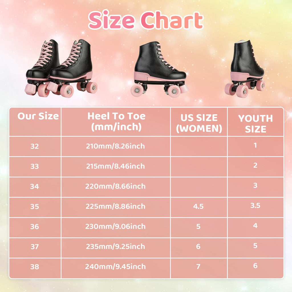 XUDREZ Roller Skates for Girls, Black PU Leather with Pink Light Up Wheels, Indoor Outdoor, Size 37-US Women 6, Youth 5