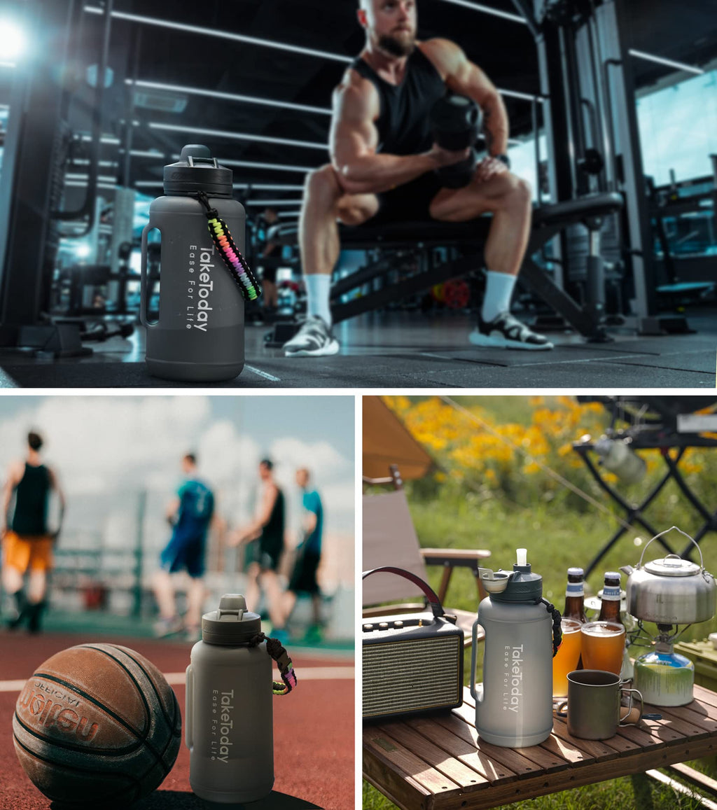 TakeToday 68 oz Collapsible Water Bottles with Straw, Half Gallon Water Bottle with Motivational Time Marker, Large Reusable Silicone Water Jug with Paracord Handle for Sports, Outdoors (Black)