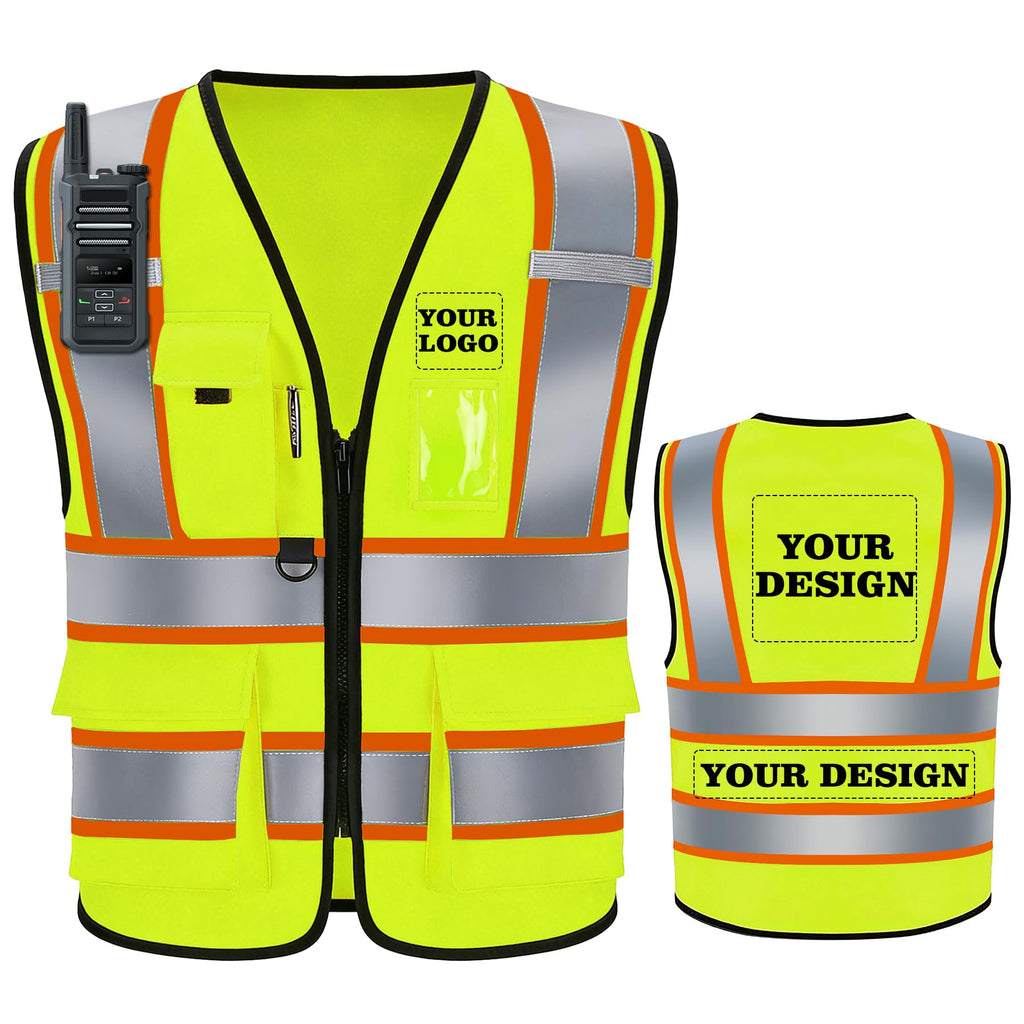Custom Safety Vest with Logo, High Visibility Reflective Vest with Pockets and Zipper for Men Women, Personalized Construction Safety Vest Work,Warehouse,Surveyor, Crossing Guard,Road,Runner（Green）