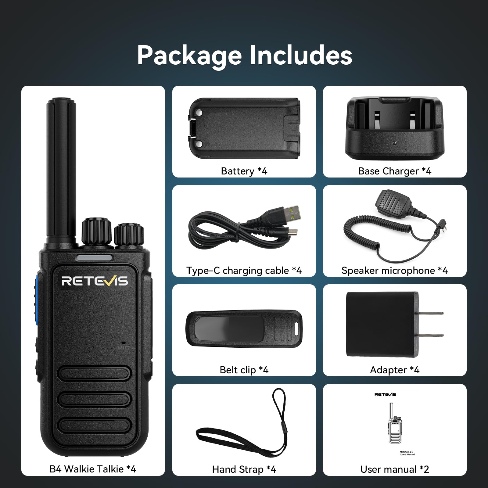 Retevis MateTalk B4 Walkie Talkies with Waterproof Shoulder Mic,2 Way Radio Noise Cancelling,Compact,USB-C Charging,Rugged Two Way Radios for Construction Site Workshop Electrician(4 Pack)