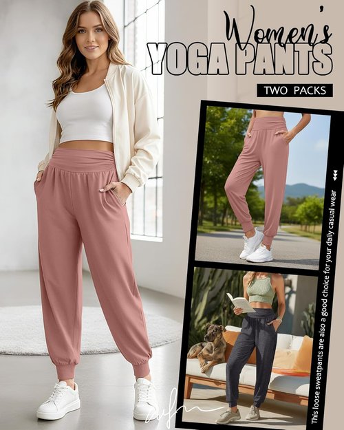Locoowai Women's Yoga Joggers - Cozy High-Waisted Sweatpants with Pockets | 2 Pack, Casual Comfort