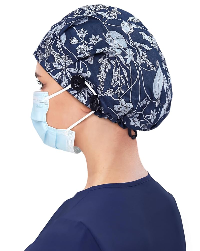 Satin Lined Bouffant Scrub Cap with 4 Buttons and Adjustable Back - Nurses Hair Cap (Natural Blue)