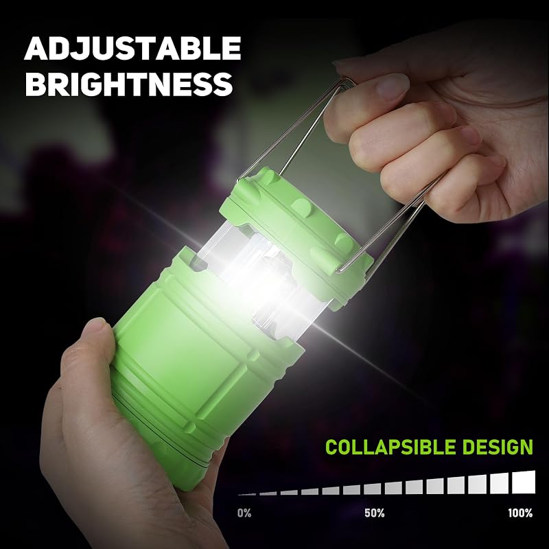 4-Pack Mini LED Green Camping Lanterns - 250 Lumen, 360° COB Light, ABS Portable & Collapsible (Variation: 4)
