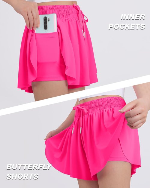 JOCMIC Girls Flowy Shorts, 2 in 1 Preppy Butterfly Shorts with Spandex Liner for Cheer Athletic Gym Teens Casual Clothes Black Navy Red 10 Years