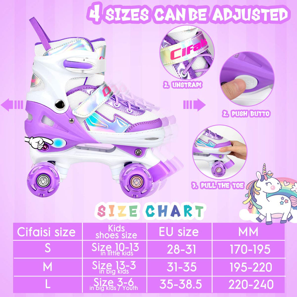 Roller Skates for Girls Boys Kids, Black Pink 4 Sizes Adjustable Kids Roller Skates with Light up Wheels and Shining Upper Design, for Ages 4-13