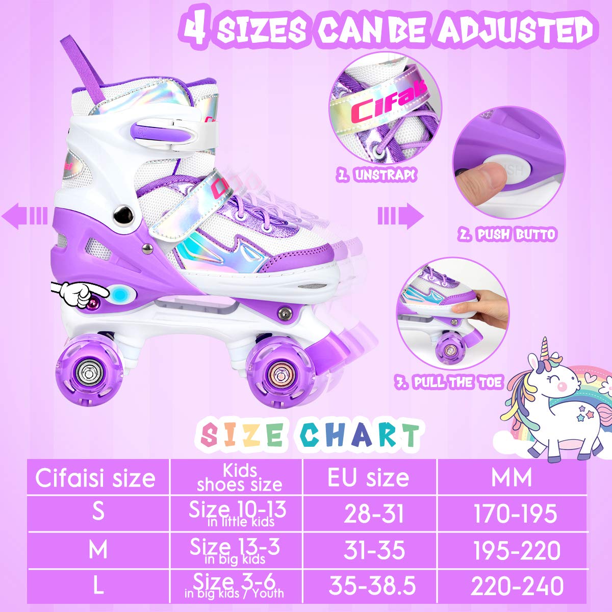 Roller Skates for Girls Boys Kids, Black Pink 4 Sizes Adjustable Kids Roller Skates with Light up Wheels and Shining Upper Design, for Ages 4-13