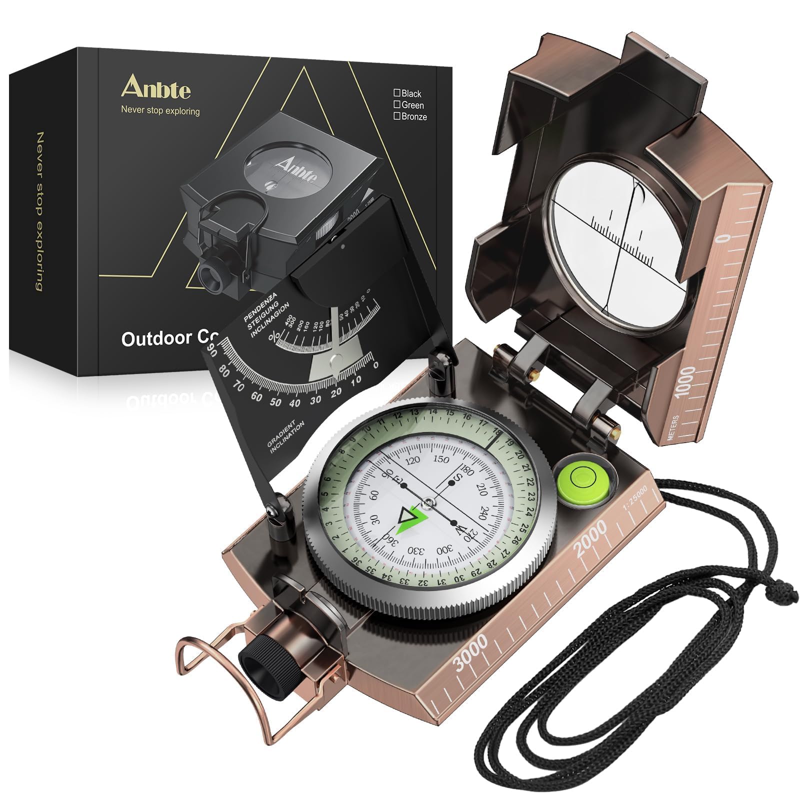 Anbte Compass Hiking Survival, IP65 Waterproof Metal Compass with Sighting Clinometer and Carry Bag, Multifunctional, Professional, for Camping Hunting Hiking Navigation, Bronze