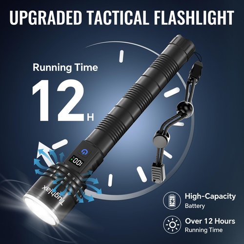 Tughlax Rechargeable Flashlights High Lumens, 90,000 Lumens Super Bright LED Flashlight Tactical Flashlight with LCD Digital Display, 5 Modes Zoomable Waterproof Powerful Handheld Flashlight for Home