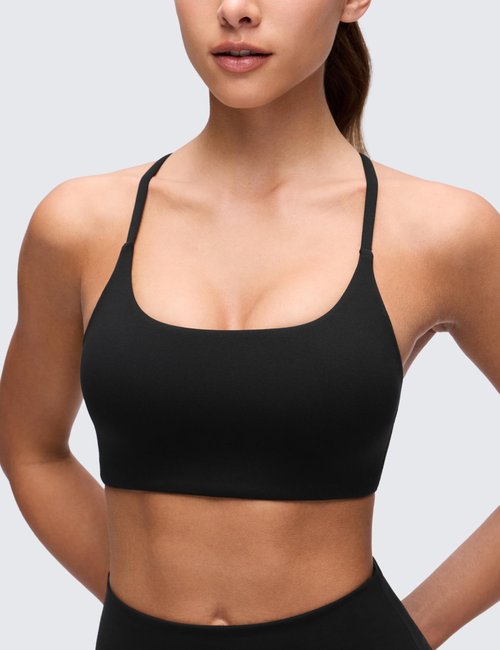 CRZ YOGA Butterluxe Twist Cross Back Sports Bras for Women - U Neck Padded Adjustable Spaghetti Straps Yoga Top Black Small