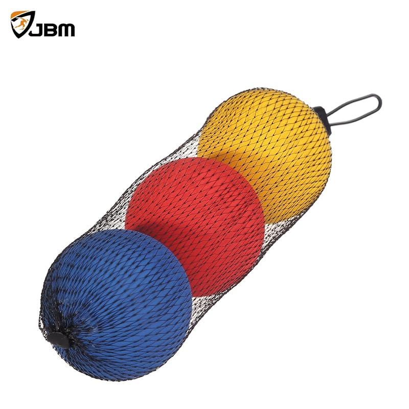 JBM 5.5 cm Racquetball Balls (Red, Blue, Yellow) in Net — 3-Pack, 65-70% Rebound