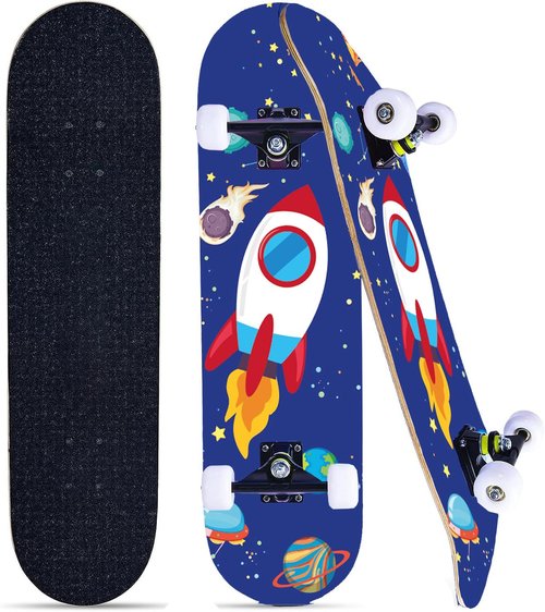 Skateboards for Beginners Kids Boys Girls and Adults 31"x8" Pro Complete Skateboard 8 Layers Maple Wood, Double Kick Concave, Fascinating Cool, Solid&Durable (Rocket)