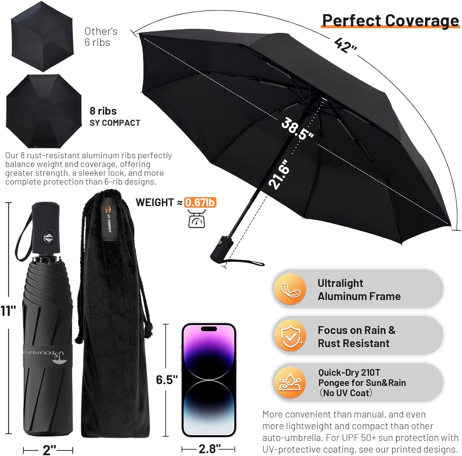 SY COMPACT Travel Umbrella - Windproof Automatic Design with UV Sun Protection | Compact Size